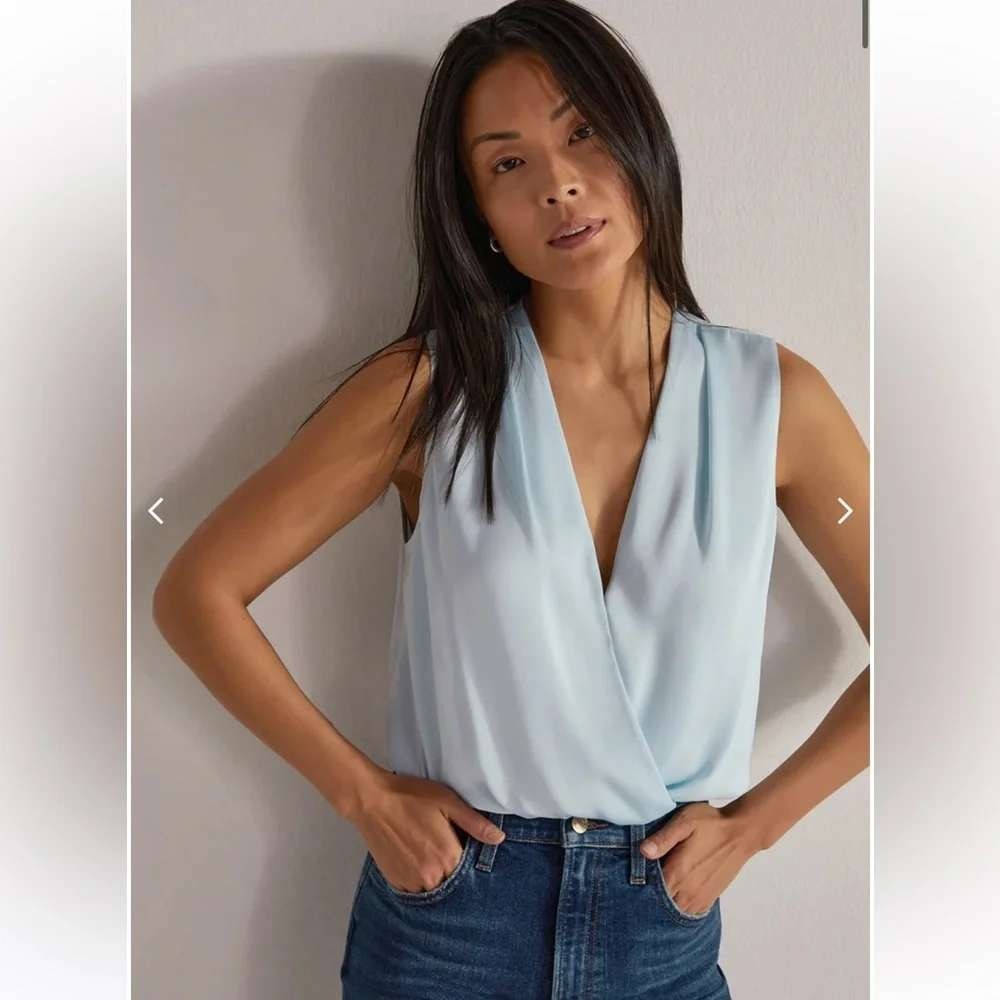Favorite Daughter Sleeveless Date Blouse Baby Blue Satin Wrap Bodysuit Sz S